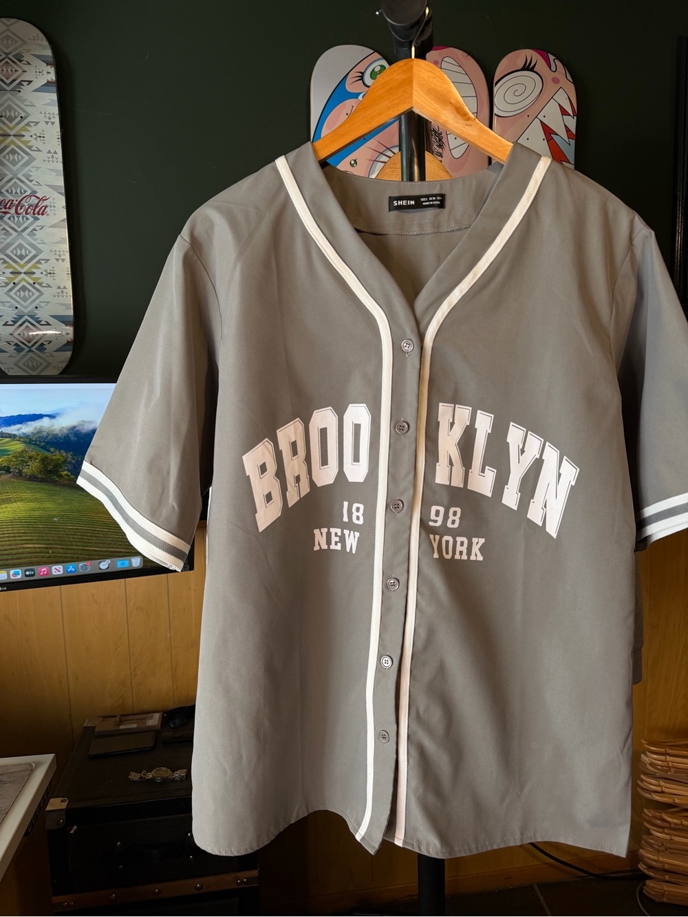 Shein thick Brooklyn Baseball Shirt - Gray with White Trim size L